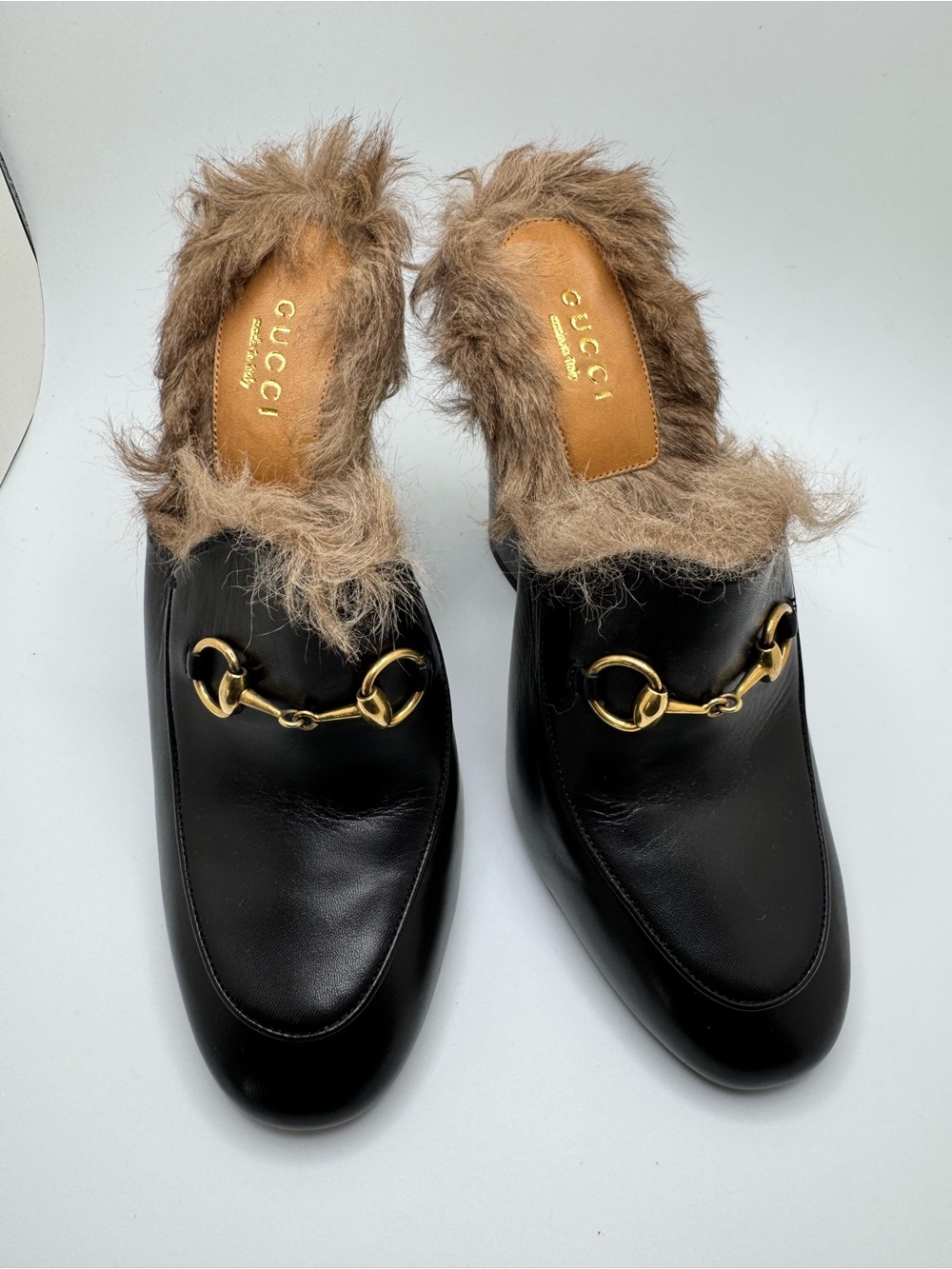 Gucci Princetown Fur Mules Black Leather Horsebit Heels 37 - Picture 2 of 16